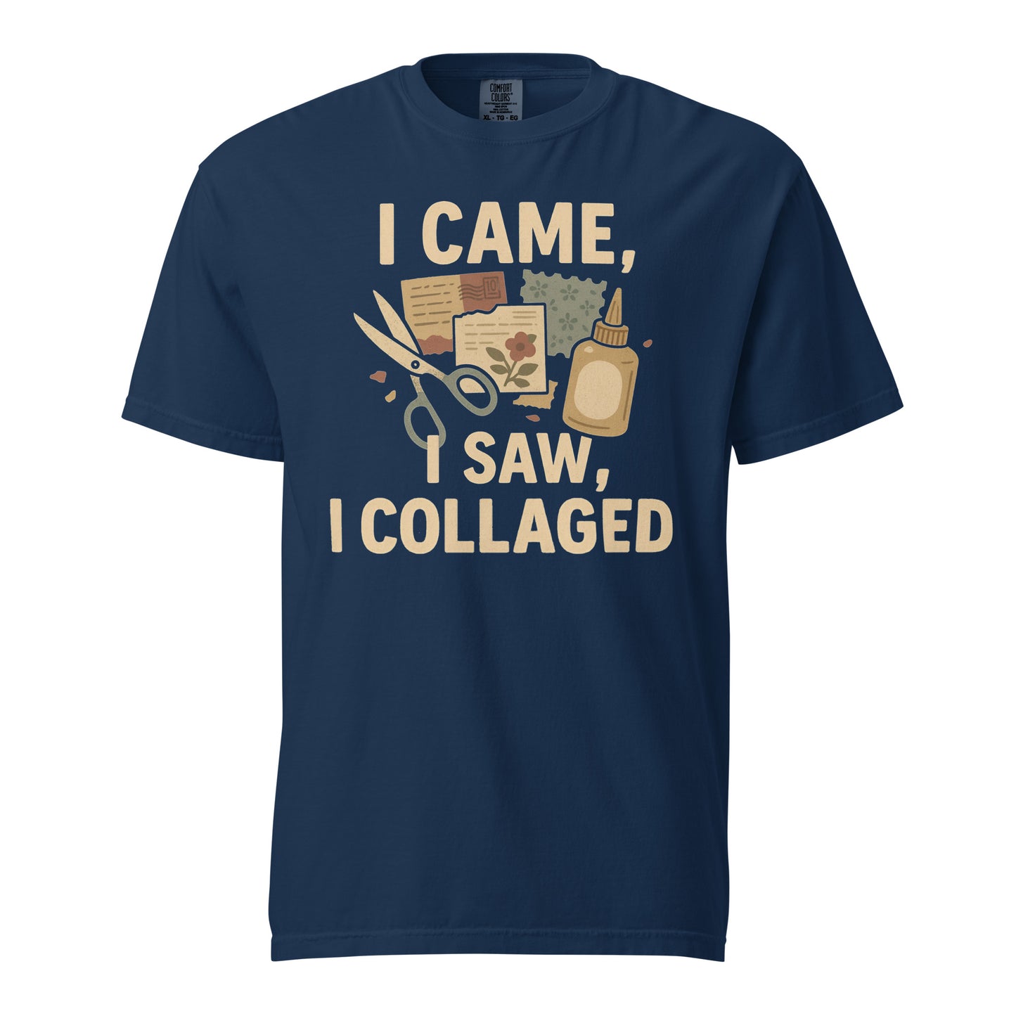 Navy blue t-shirt with 'I Came, I Saw, I Collaged' text and graphic on a white background