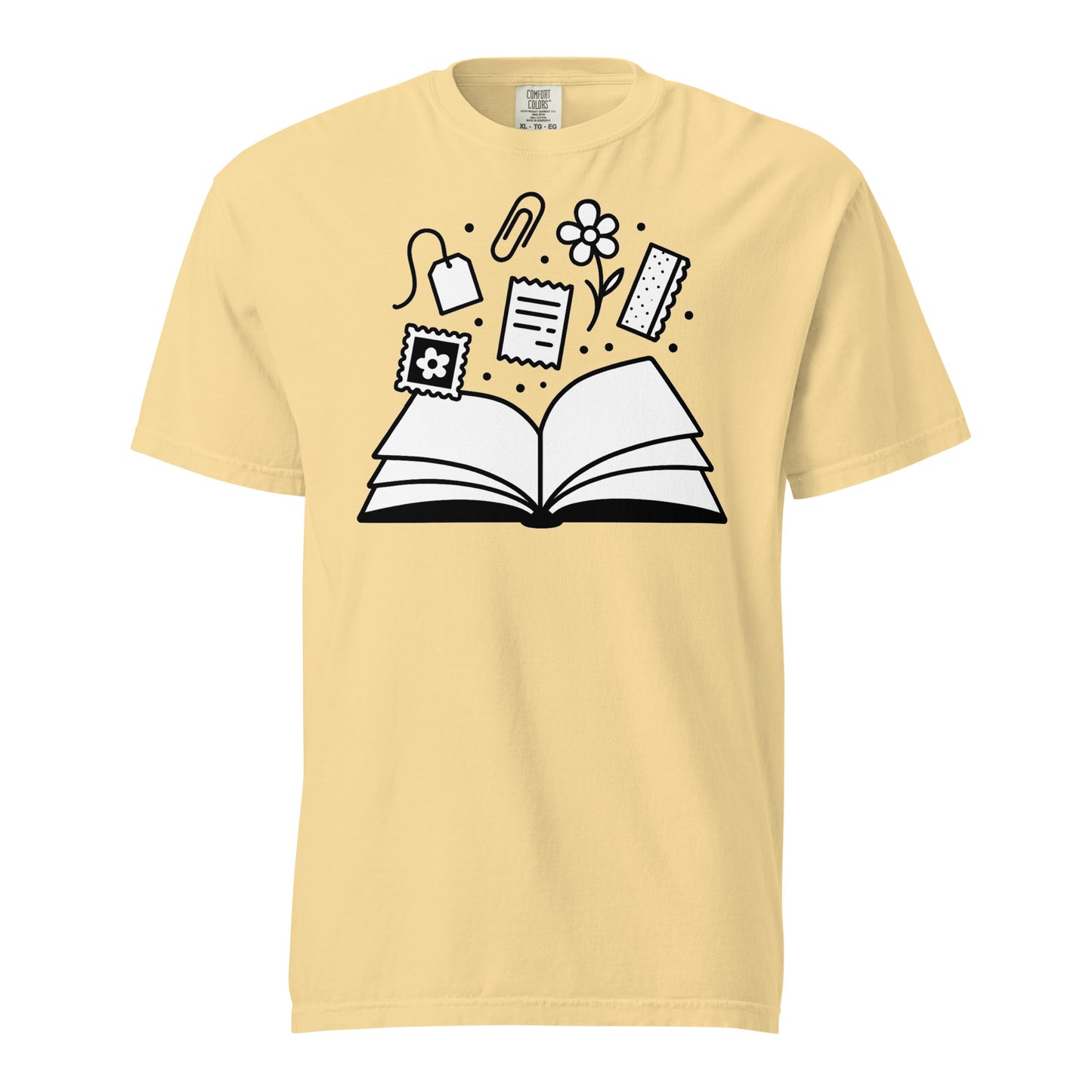 Yellow t-shirt with black illustrations of a book, flower, and other elements on a white background