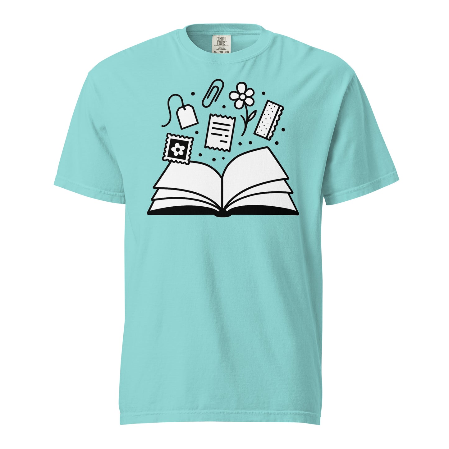 Light blue t-shirt with black and white graphic design on a white background