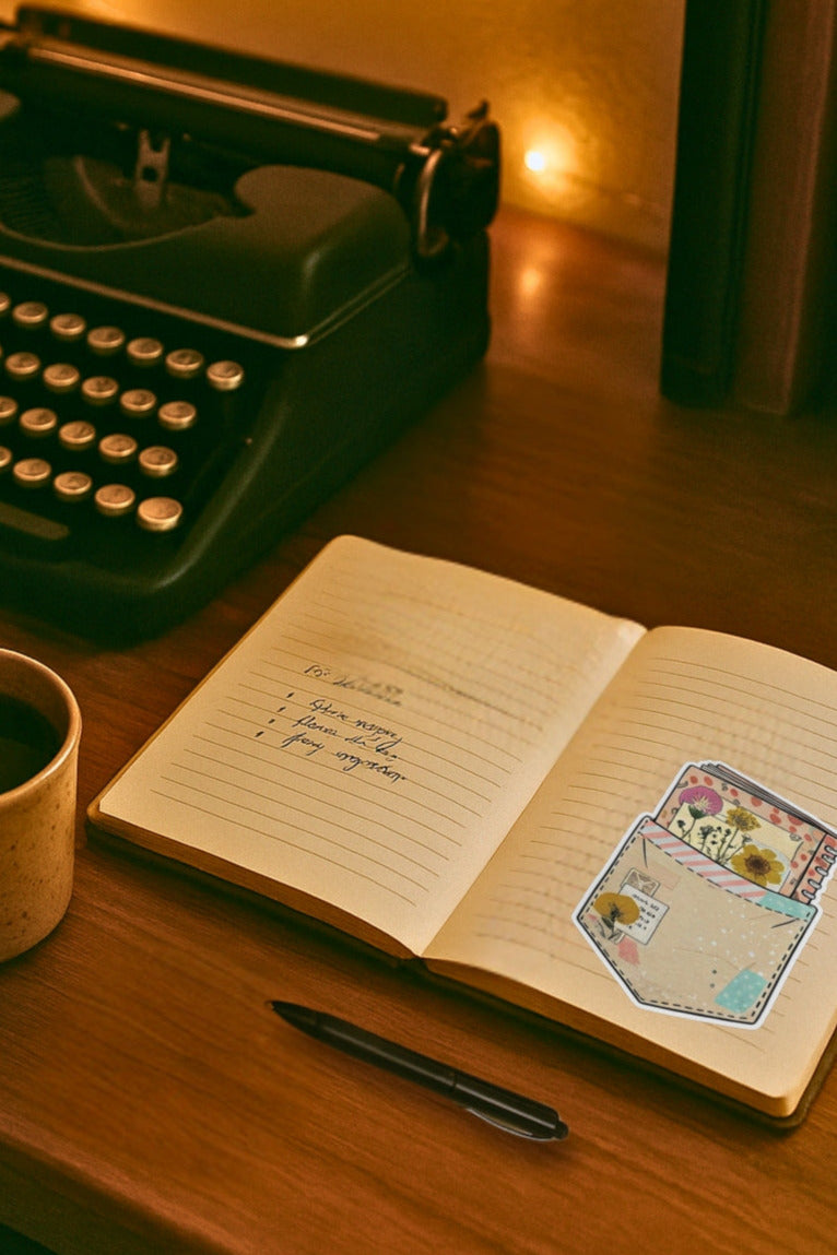 A journal featuring the junk journal pocket sticker! Accompanied by a typewriter and coffee cup on a wooden table with string lights in the background.