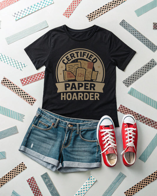 Black t-shirt with 'Certified Paper Hoarder' design, denim shorts, and red sneakers on a patterned background.
