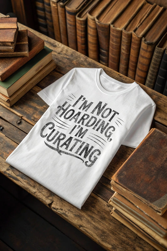 White t-shirt with 'I'm not hoarding, I'm curating' text on a wooden surface with books.