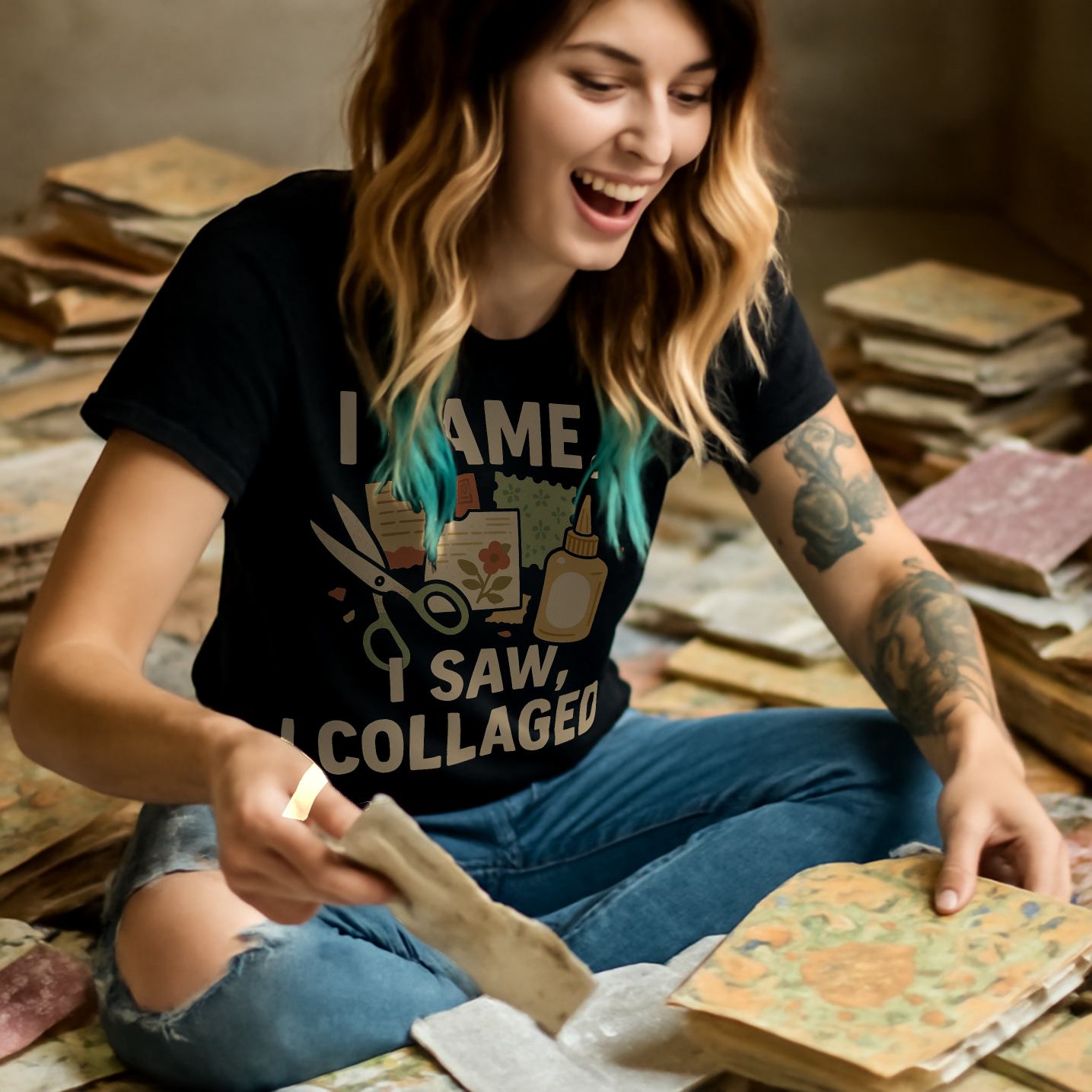 Woman sitting among books, wearing a black t-shirt with text, surrounded by stacks of books.