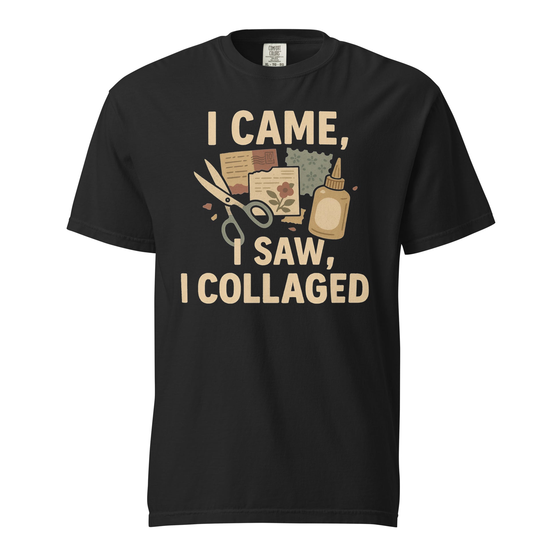 Black t-shirt with 'I Came, I Saw, I Collaged' text and graphic on a white background