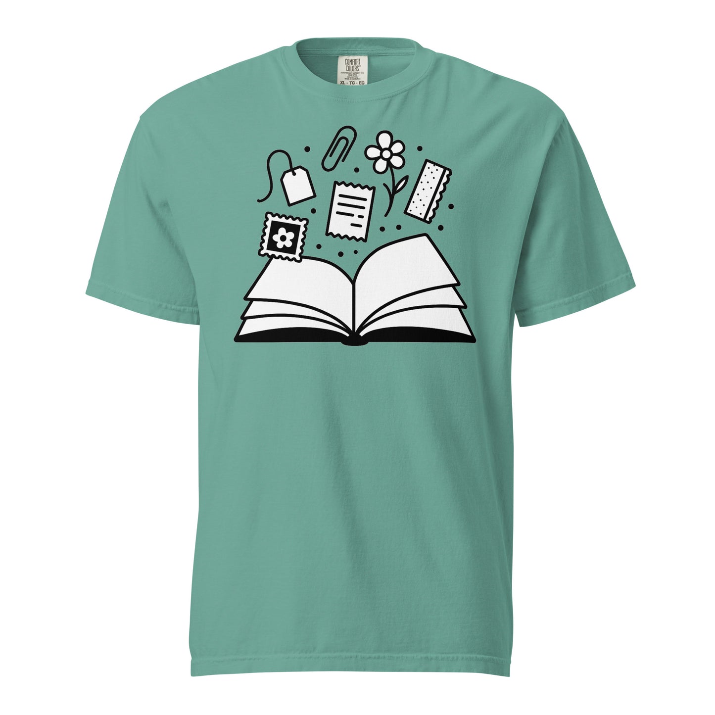 Teal t-shirt with black and white graphic design on a white background