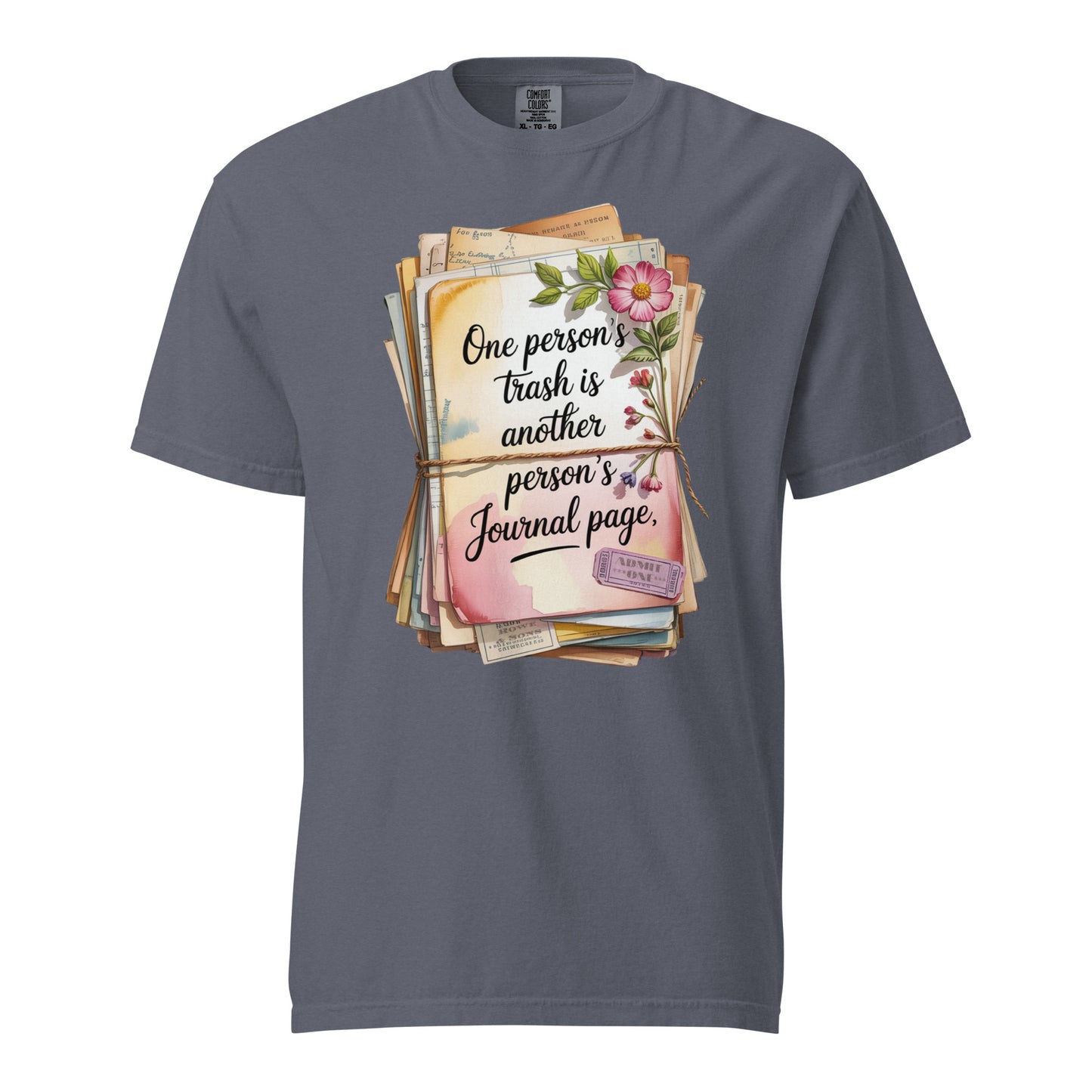Gray t-shirt with a graphic design of stacked papers and text on a white background