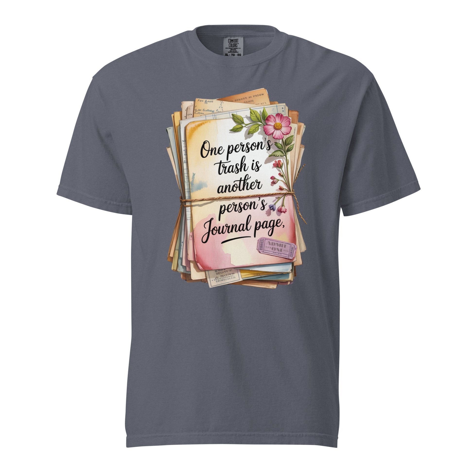 Gray t-shirt with a graphic design of stacked papers and text on a white background
