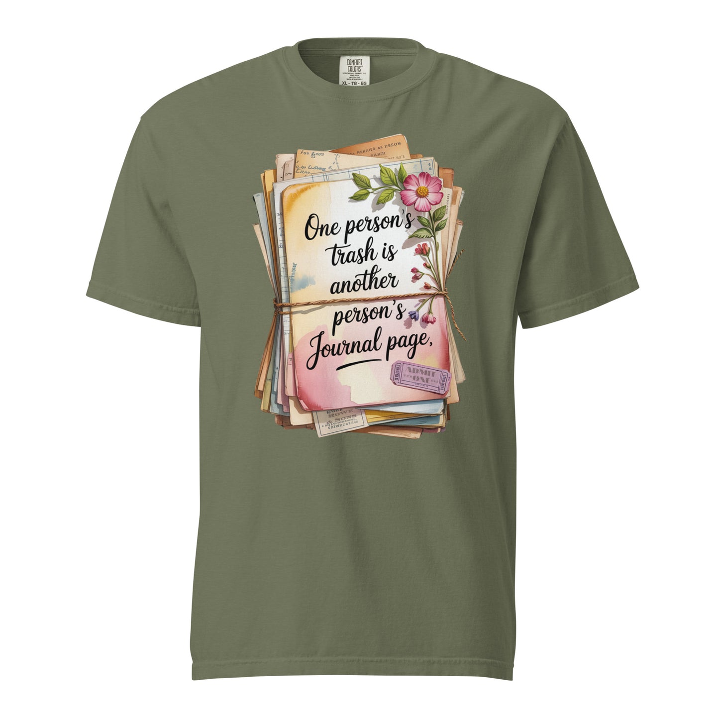 Green t-shirt with a graphic design of books and a quote on a white background