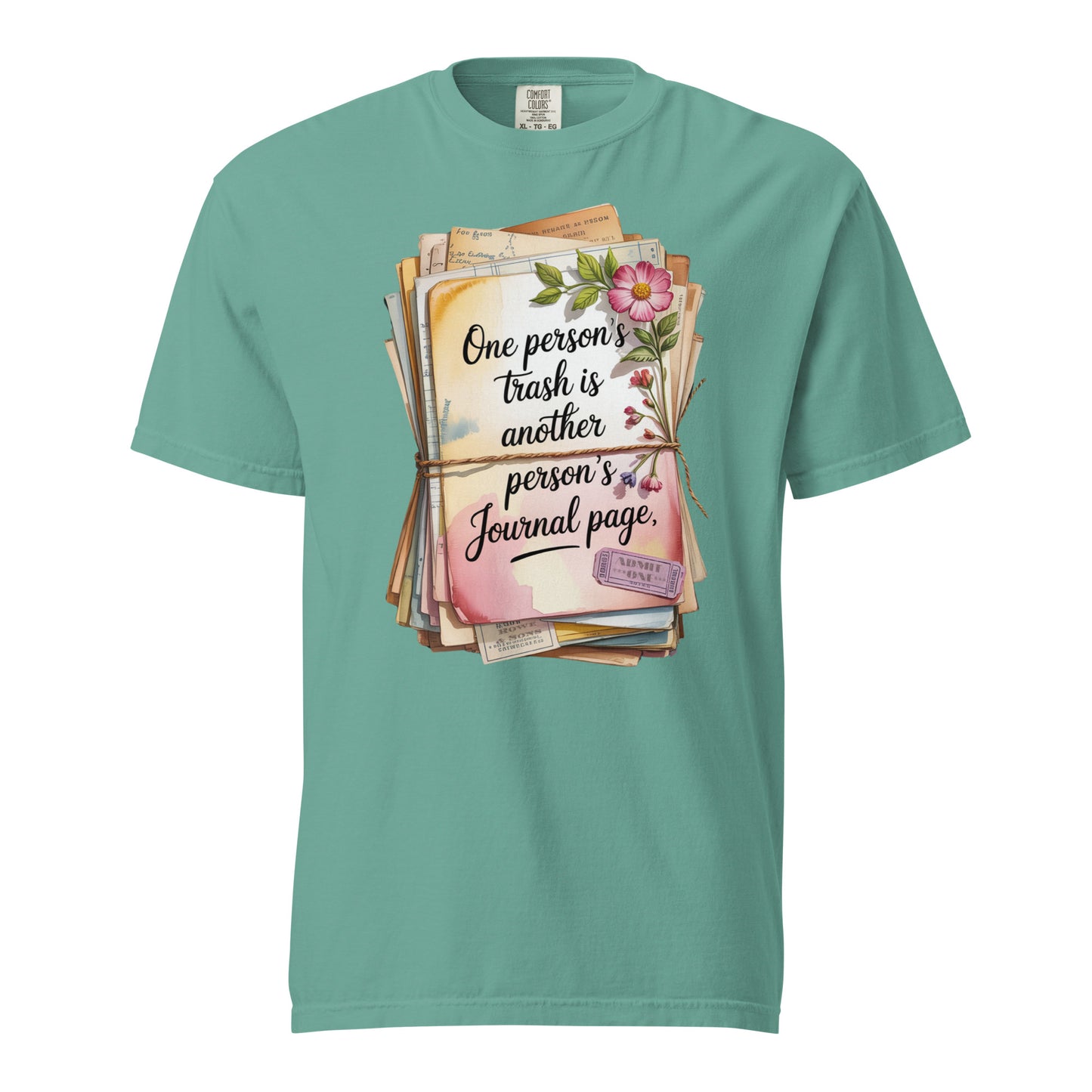 Seafoam t-shirt with a graphic design of a stack of vintage books and a quote on a white background
