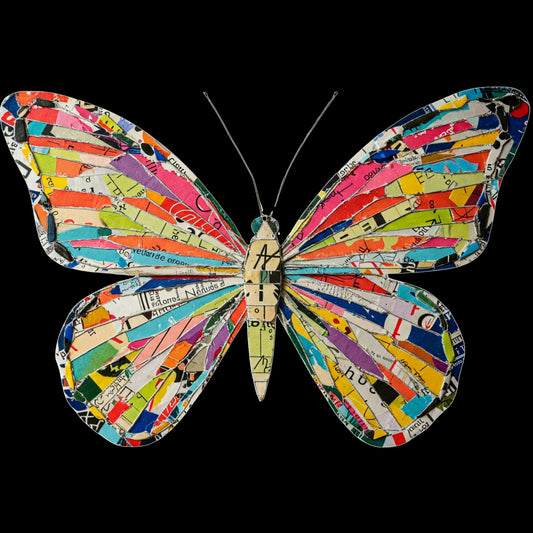 A butterfly with collaged paper wings.