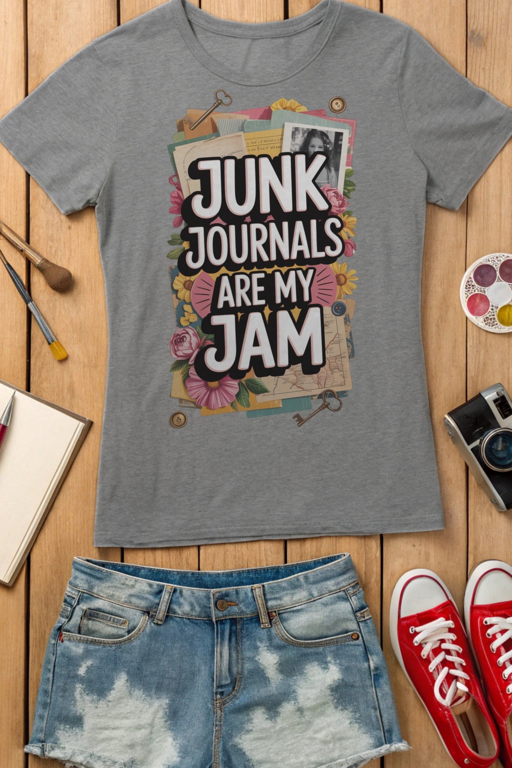 Junk Journals are my Jam t-shirt flat lay in grey