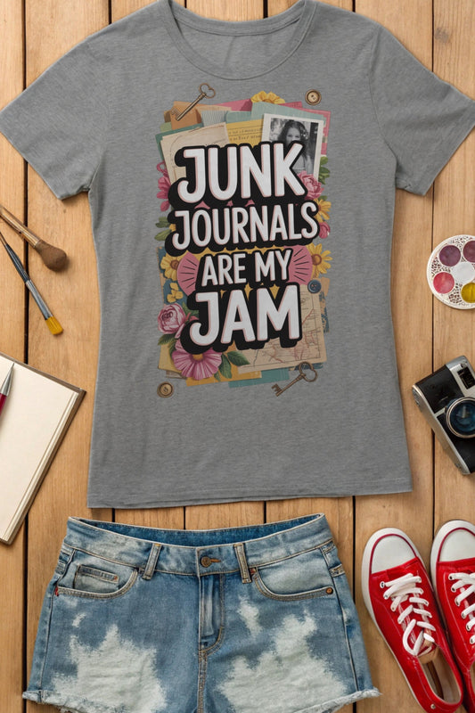 Junk Journals are my Jam t-shirt flat lay in grey