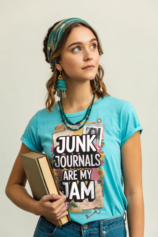 Woman wearing a t-shirt with 'Junk Journals Are My Jam' text, holding a book. T-shirt is Lagoon Blue.