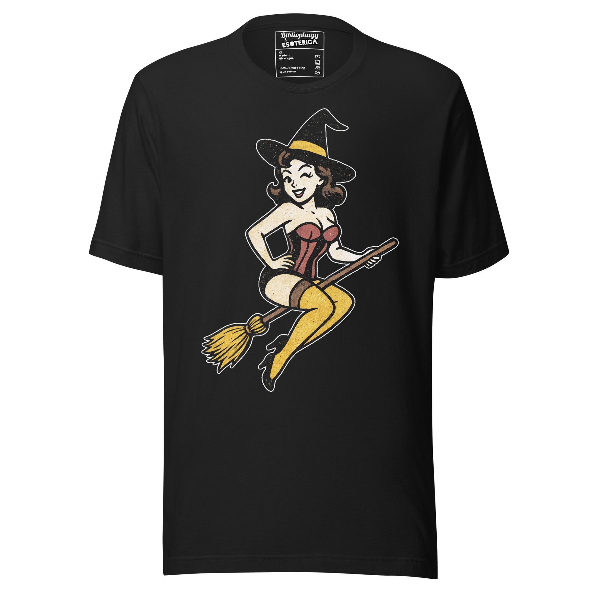 Black t-shirt with a witch graphic on a white background