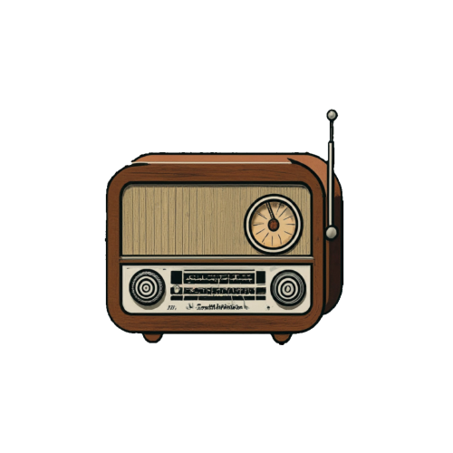 Illustration of a vintage radio with wooden casing and round knobs.