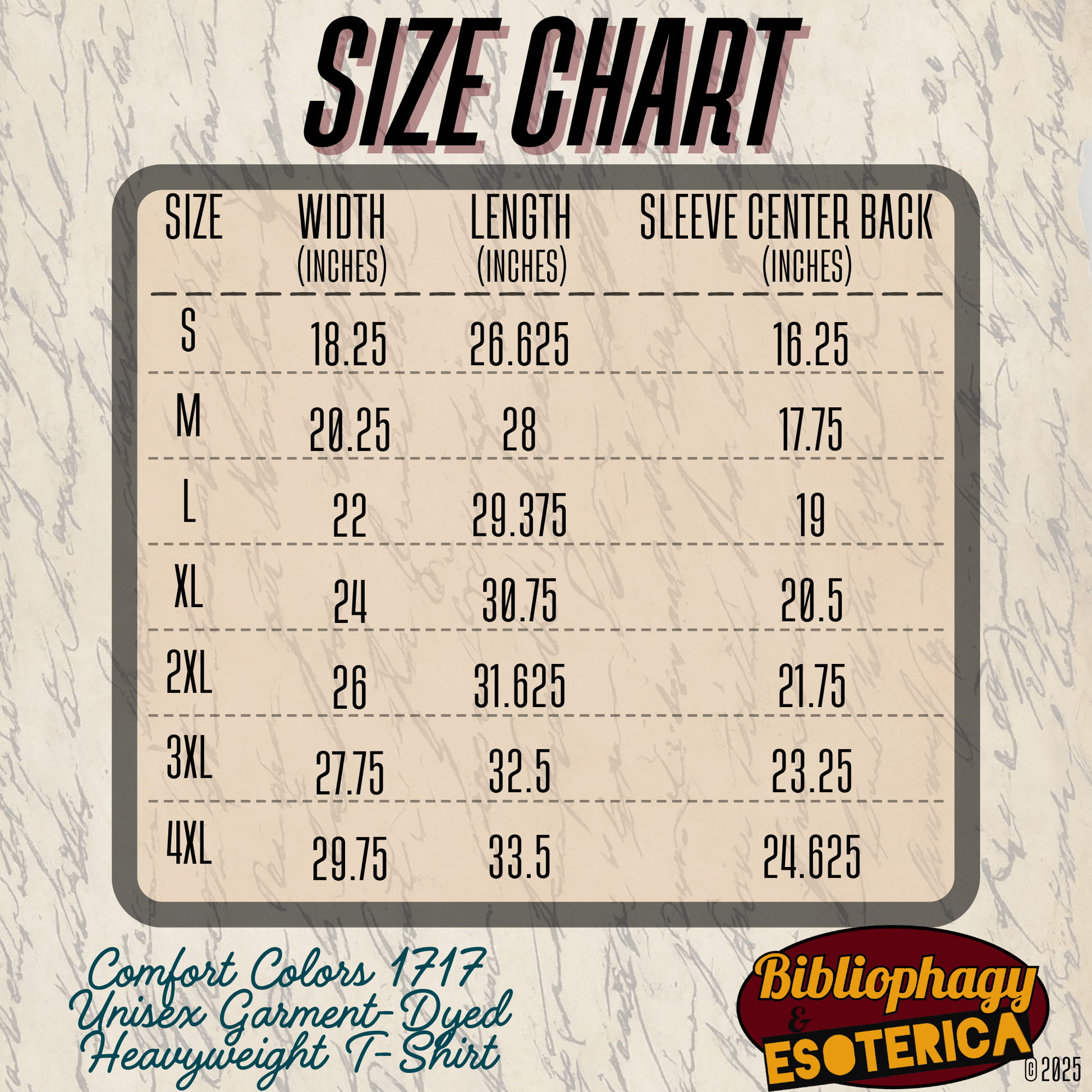 Size chart for a Comfort Colors 1717 T-shirt with measurements in inches on a textured background, featuring the brand 'Bibliophaghy & Esoterica'.