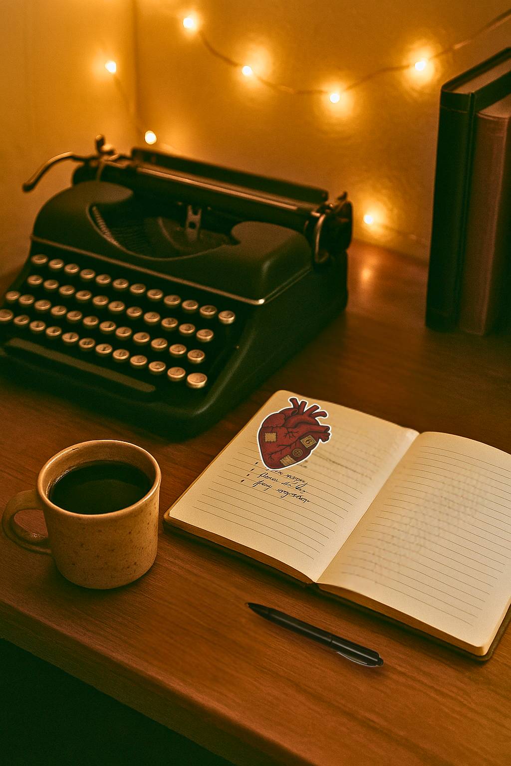 Vintage typewriter on a wooden desk with a notebook, coffee cup, and string lights in the background.