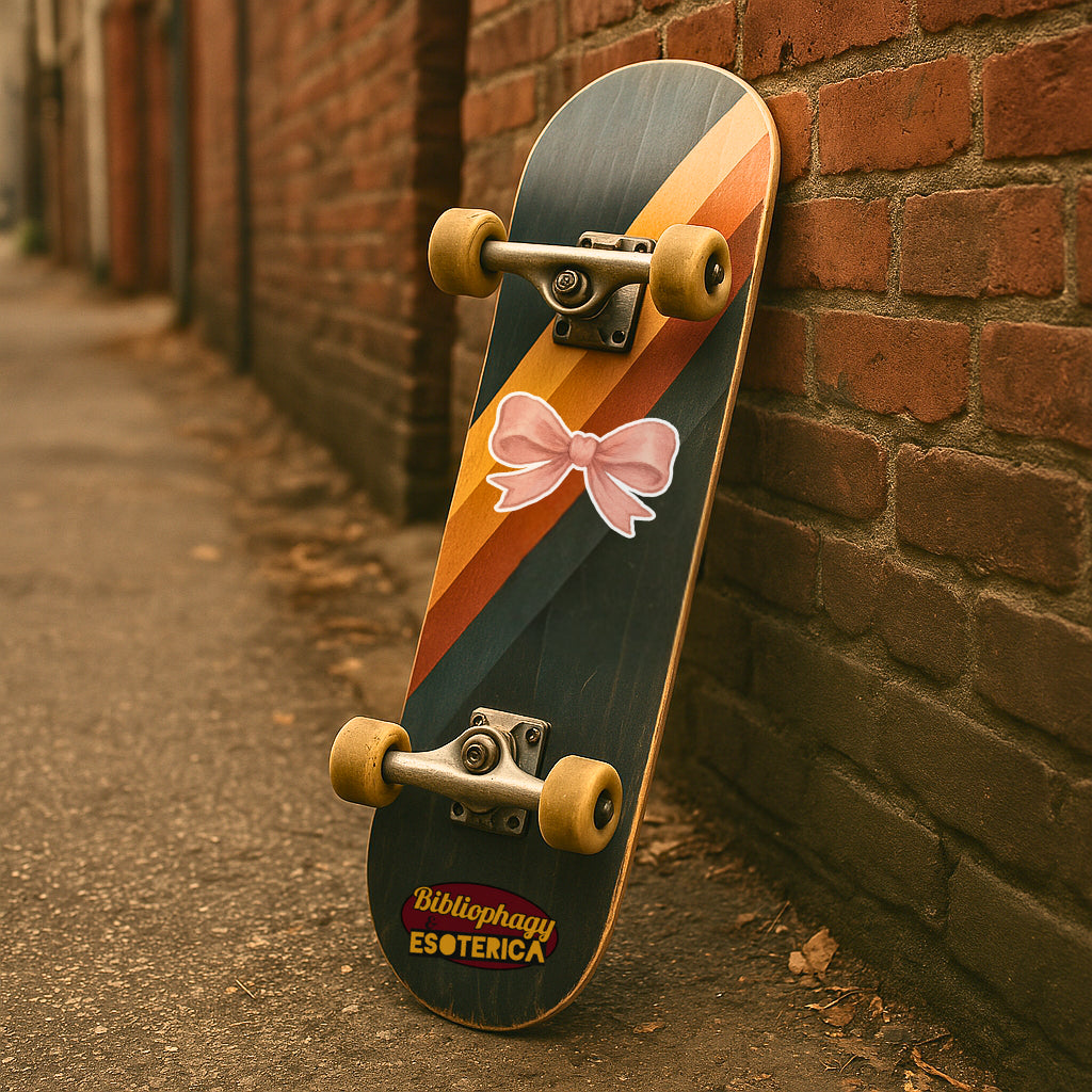 Skateboard with a pink bow design leaning against a brick wall.