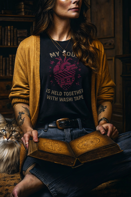A woman relaxing with a book models the tee with a sweater while a cute kitty looks on.