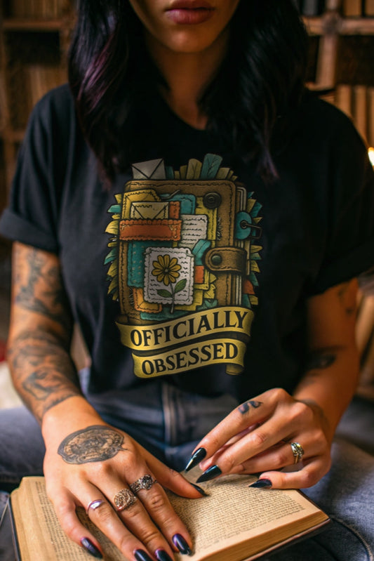 Person wearing a black t-shirt with a colorful design and text, sitting in a cozy room with books and candles.
