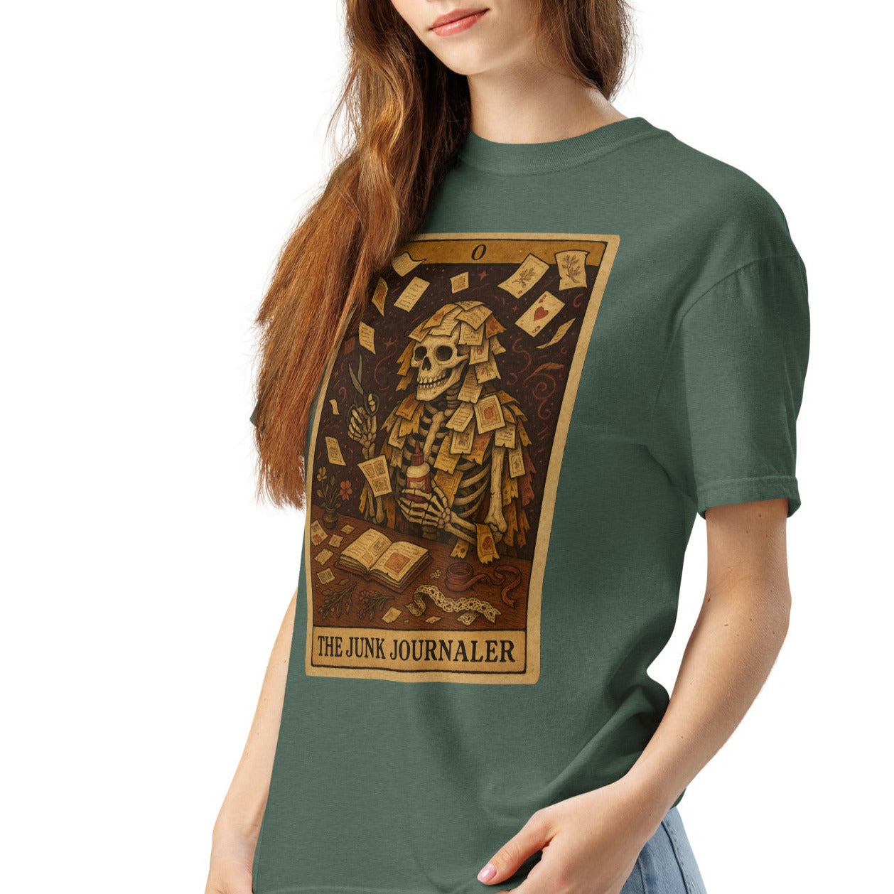 Junk Journaler Tarot Card T-shirt in Blue Spruce.